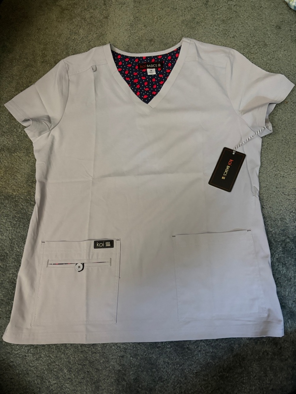 koi Lavender V-Neck Short Sleeve Scrub Top with Heart-Print Trim